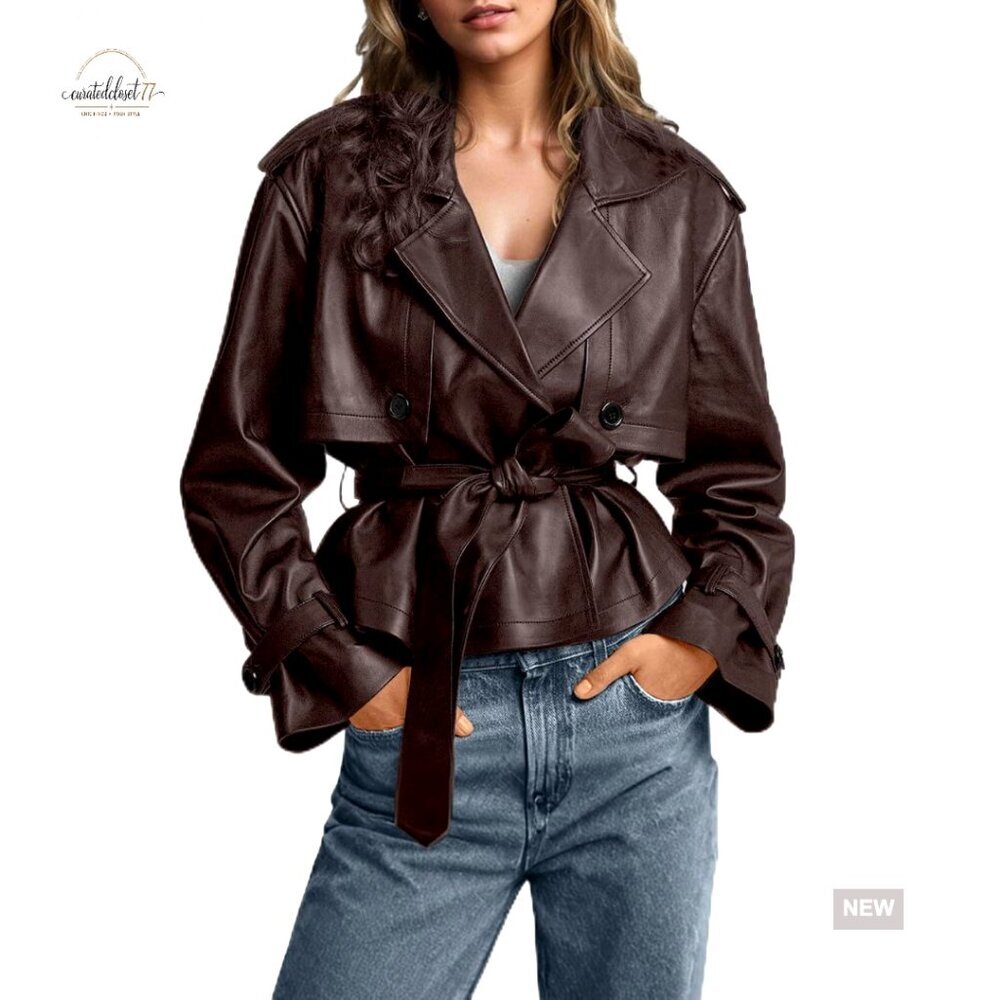 Faux Leather Trench Coat Moto Jacket Belted Classic Chic Business Casual